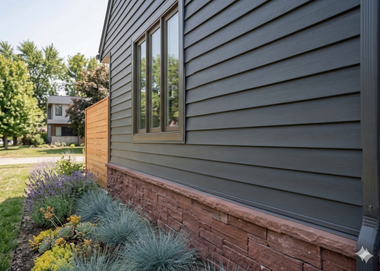 Exterior view of a dark gray horizontal-sided house with a red stone foundation and window, framed by garden plants.