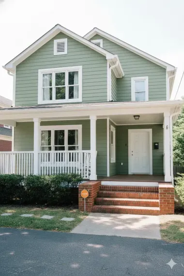 A two-story sage green house with a white front porch, white trim, and a brick staircase leading to a white front door.