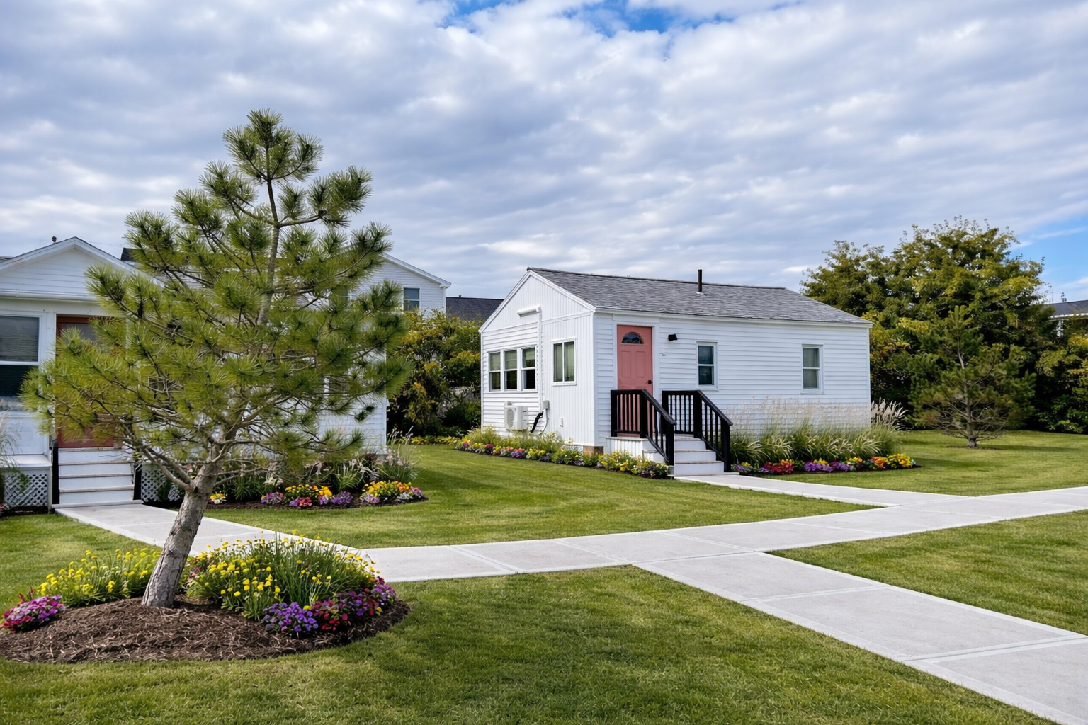 Two white cottages with pink doors are connected by concrete walkways across a green lawn with a small tree and flowers.