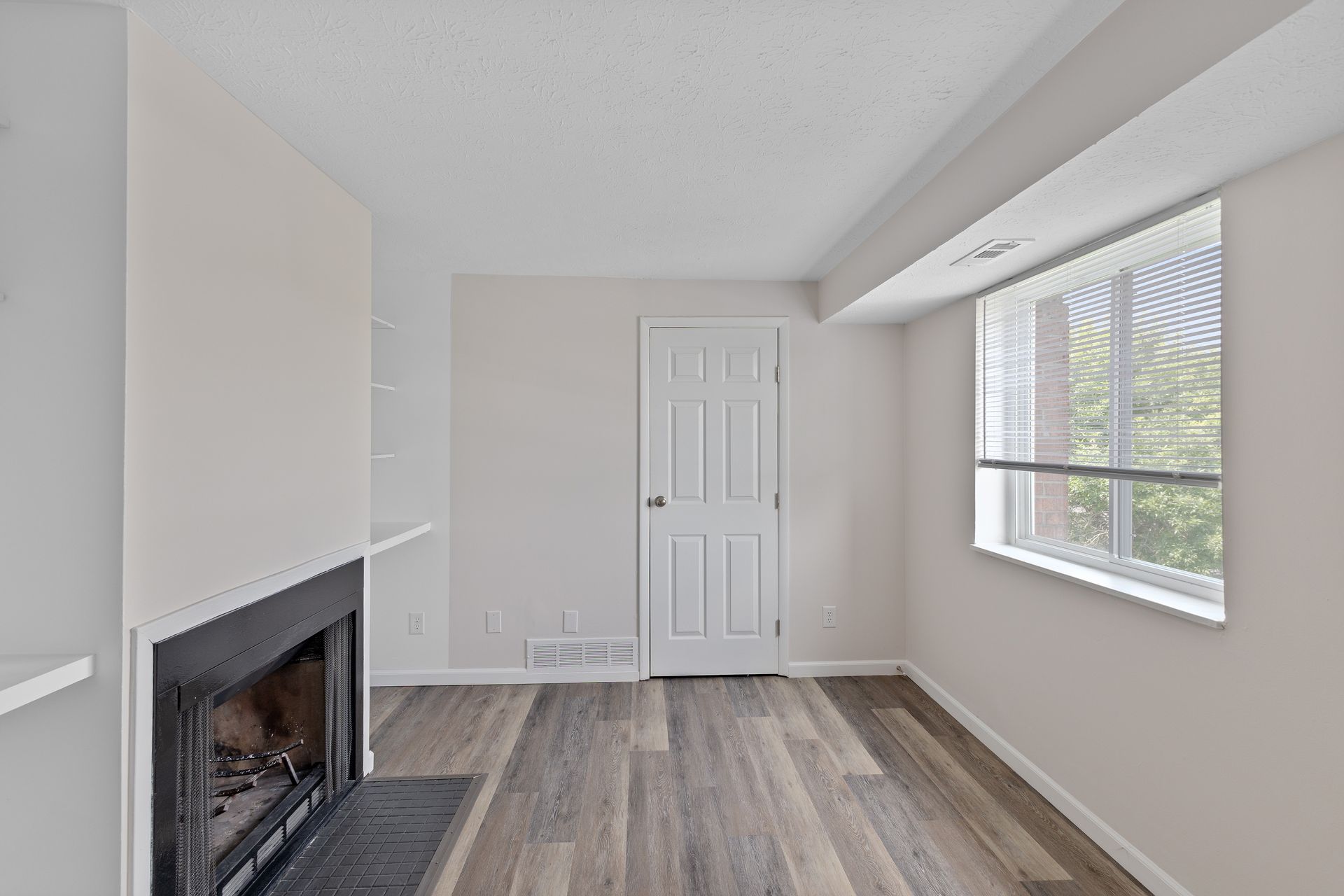 Apartment living room with fireplace, large window, wood-style flooring, and closet door.