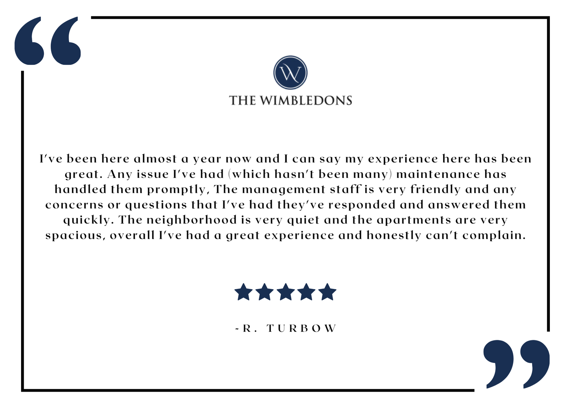 The Wimbledons resident testimonial graphic with logo and five-star review.