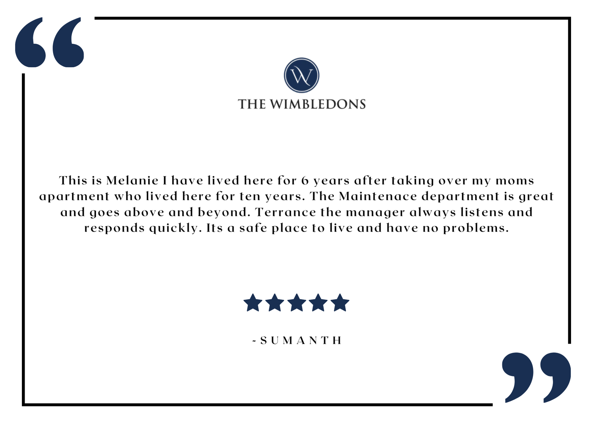 The Wimbledons resident testimonial graphic with logo and five-star review.