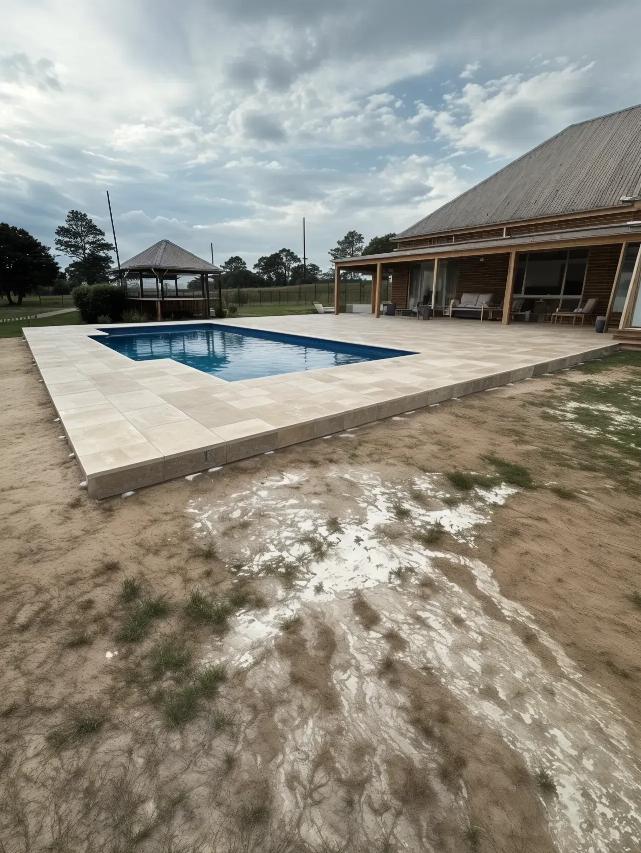 Pool with stone patio next to a house under a cloudy sky. A gazebo is visible in the distance. — East Coast Paving in Seaham, NSW