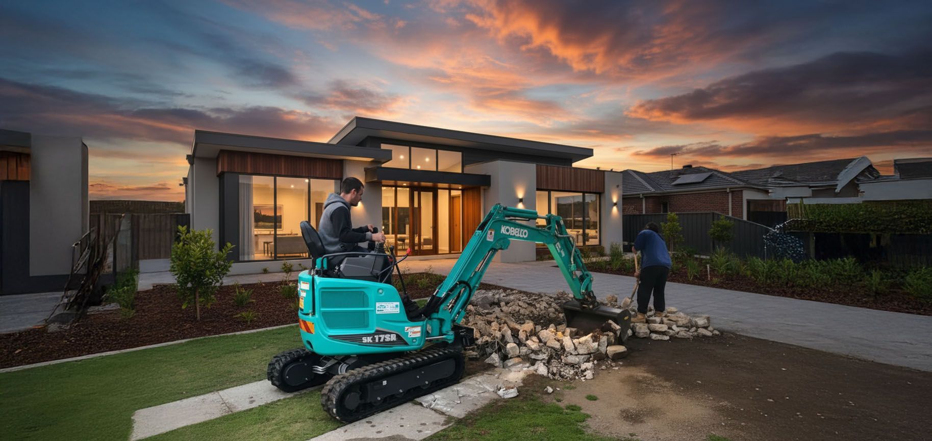 Excavator removing stone in front of a modern house; a worker is assisting. Sunset.