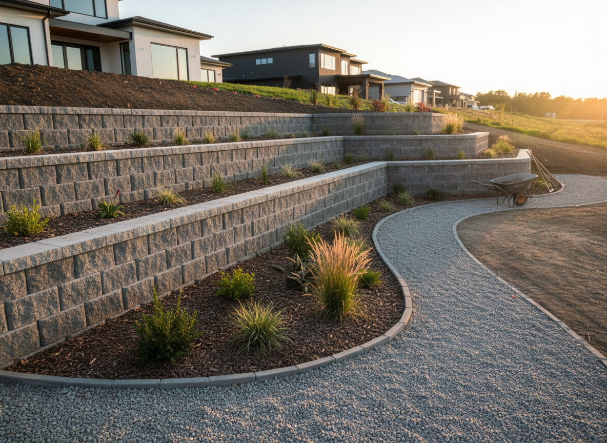 Terraced landscaping with retaining walls, gravel pathway, and homes in the background.