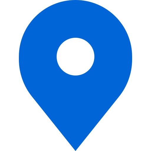 A blue map pin with a white circle in the middle.