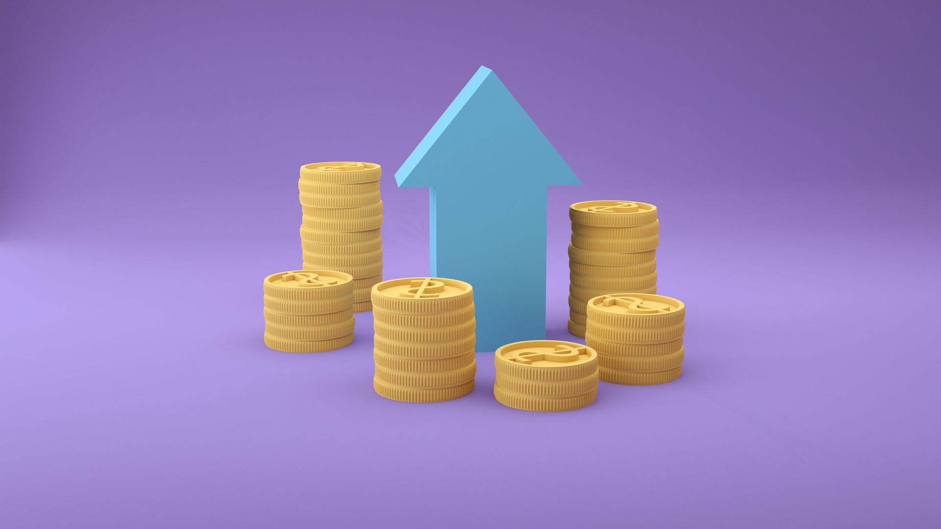 Blue upward arrow surrounded by stacks of gold coins on a purple background