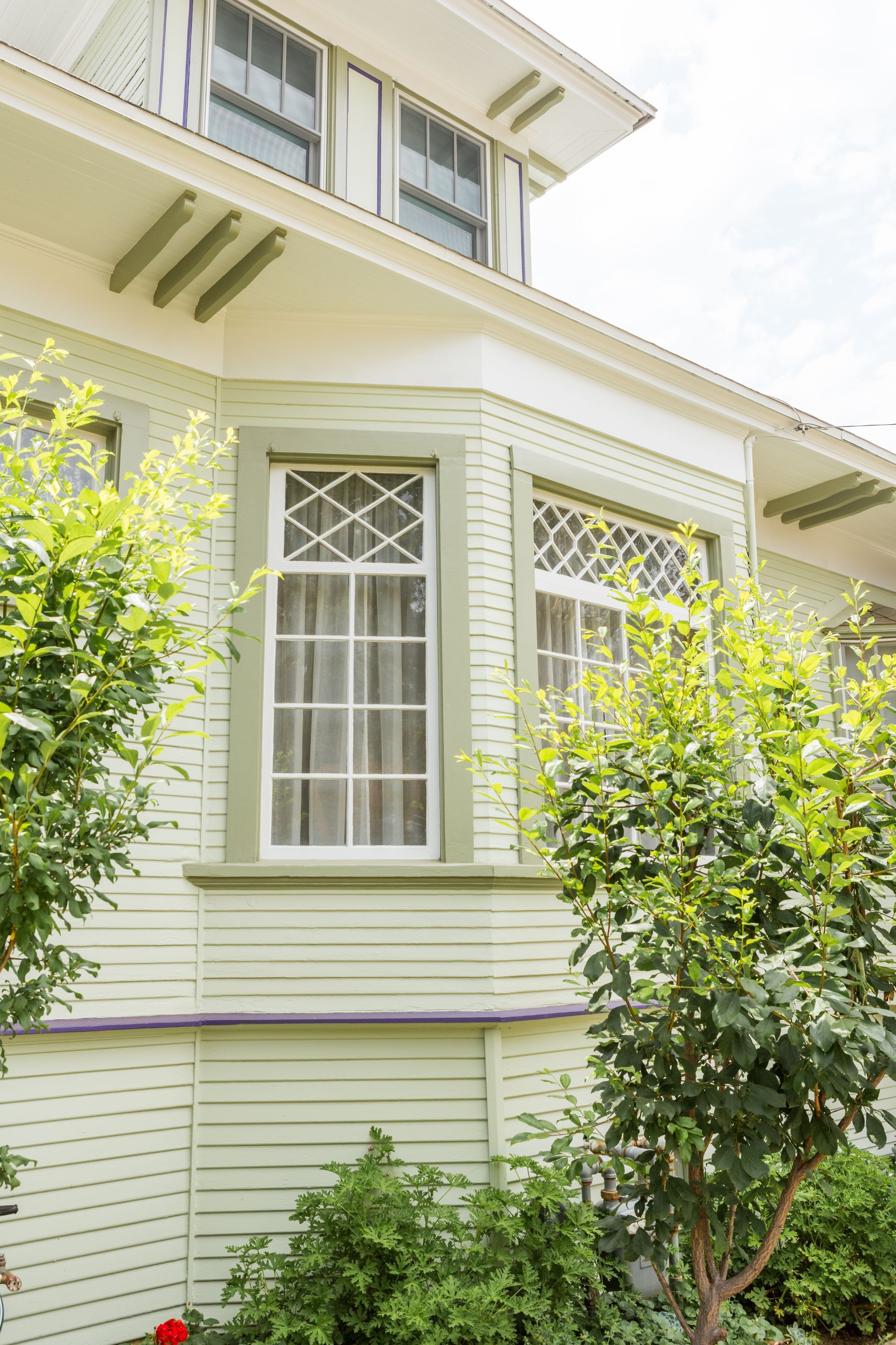 A house with a lot of windows and a tree in front of it.