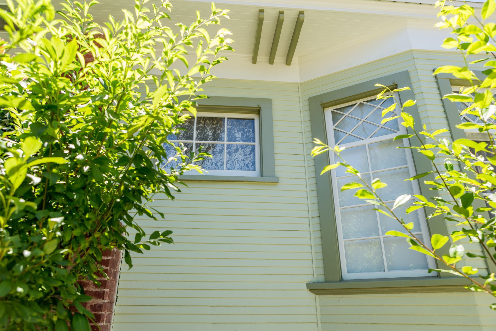 A house with a window and a tree in front of it.
