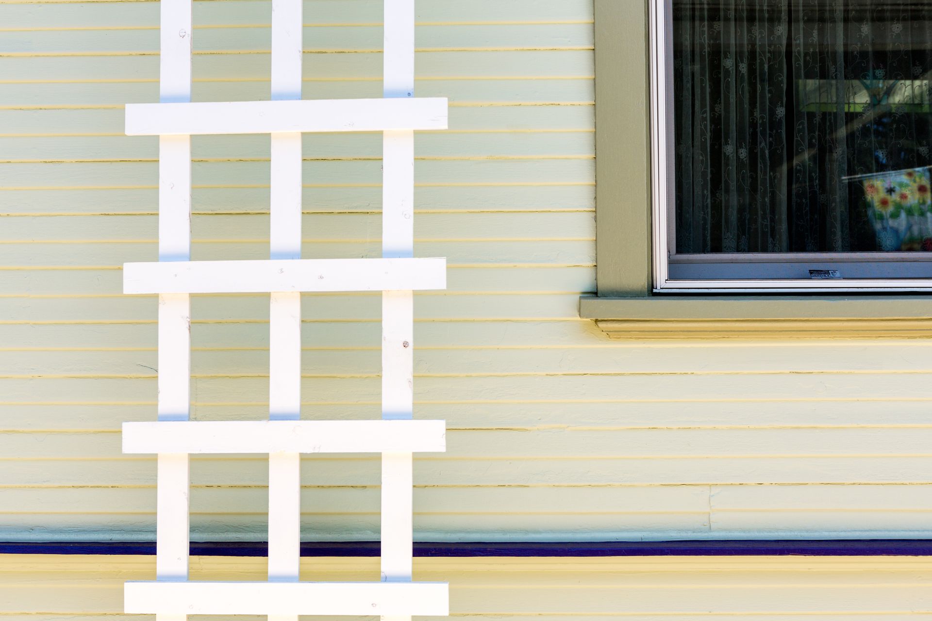 A white ladder is hanging on the side of a house next to a window.