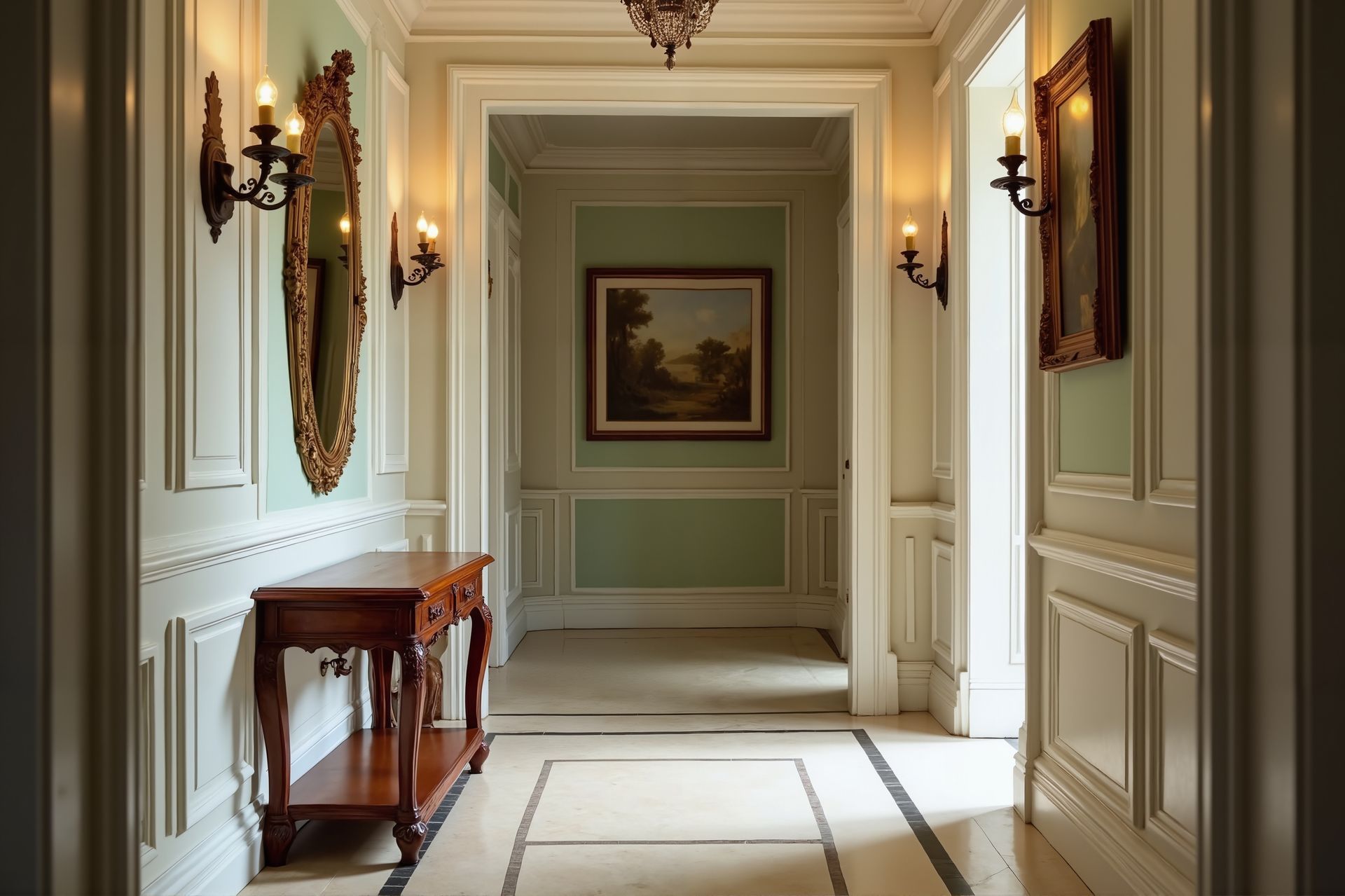 A hallway with a table and a picture on the wall.