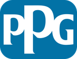 A blue and white ppg logo on a white background