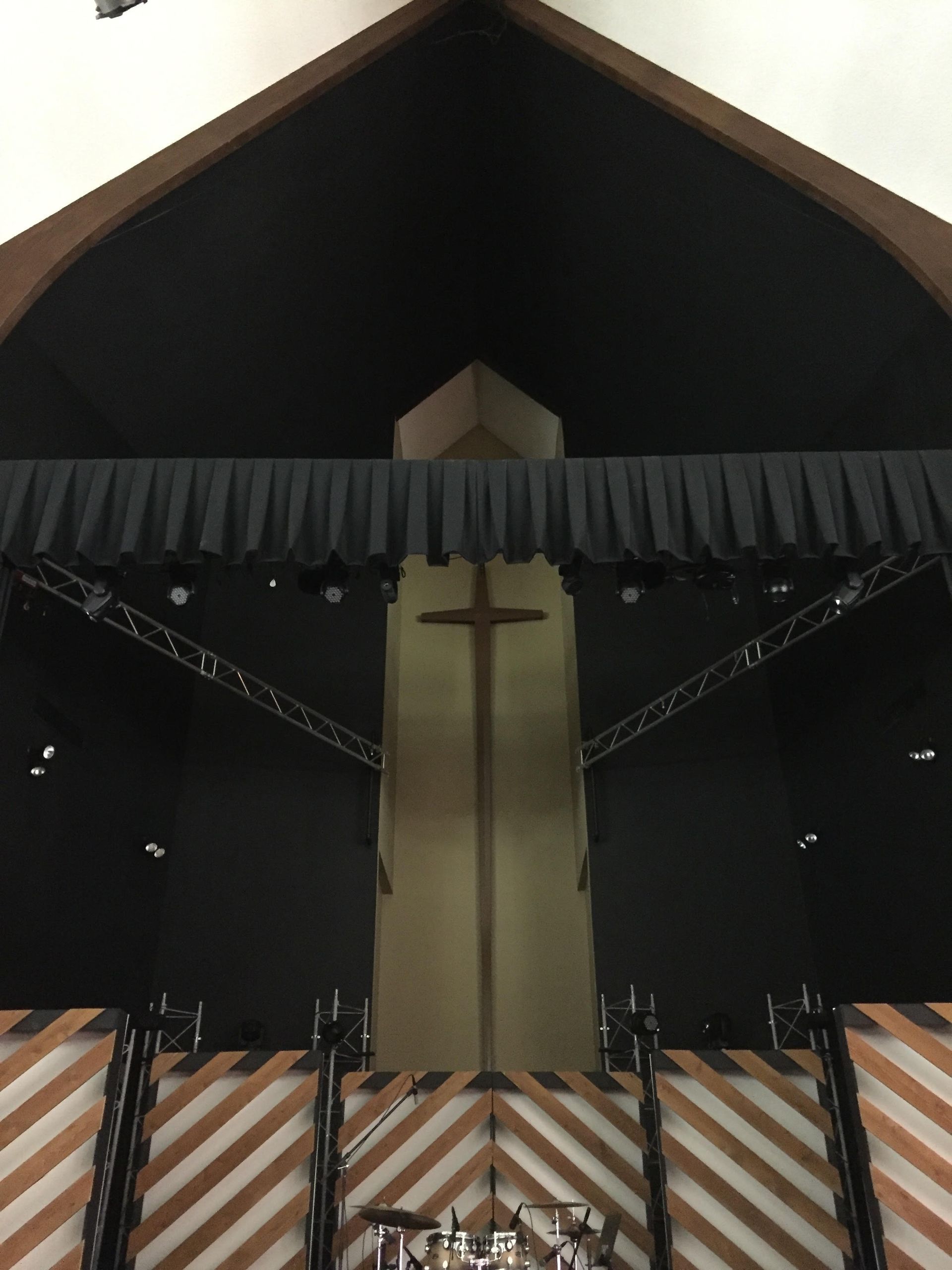 A stage with a cross on it in a church
