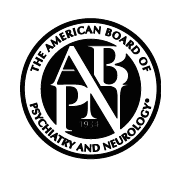 the american board of psychiatry and neurology logo is black and white .