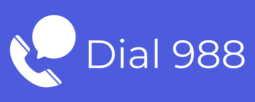 a blue background with a white phone icon and the words dial 988.