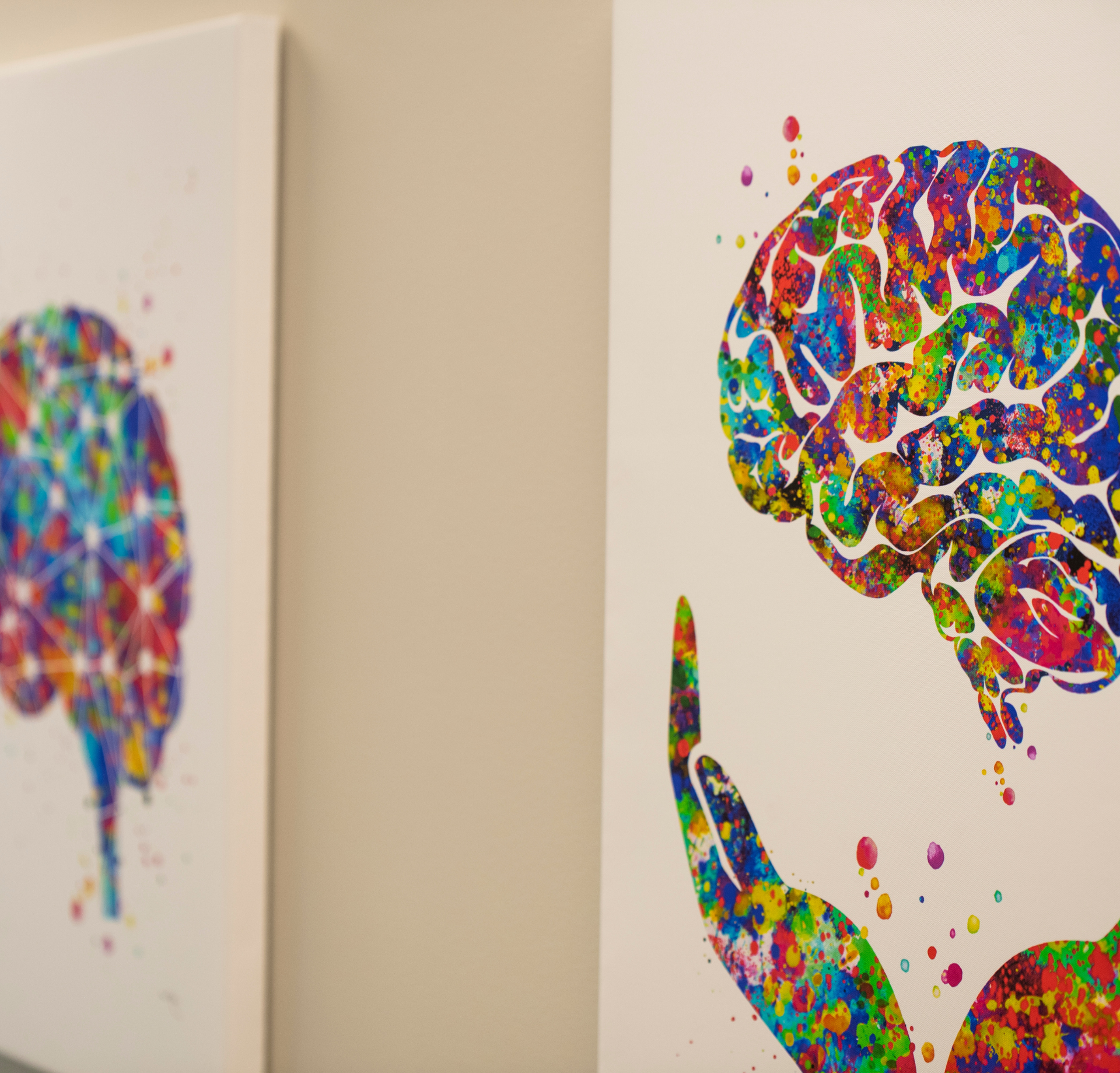 two paintings of a brain and a hand are hanging on a wall .
