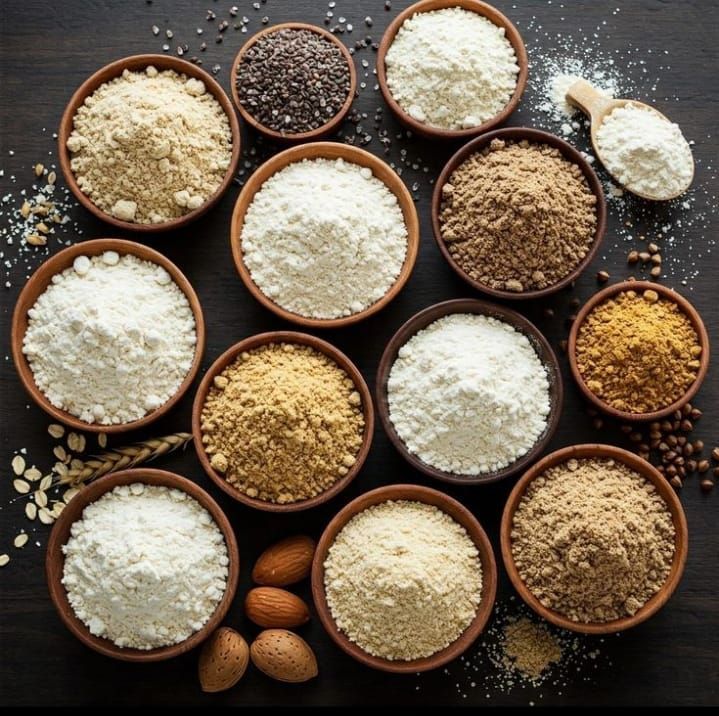 Cuencos de diversas harinas y semillas, incluidas almendras, avena y chía, dispuestos sobre una superficie oscura.