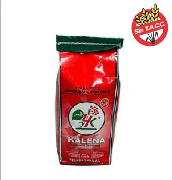 Bolsa roja de yerba mate "KALENA", con sello verde, sticker "Sin TACC".