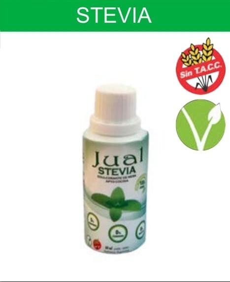 Botella de Stevia. Etiqueta verde y blanca con la imagen de una hoja de stevia. "Sin TACC" y símbolos veganos.