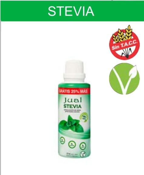 Botella de stevia líquida con etiqueta verde, “Sin TACC” y símbolos veganos.