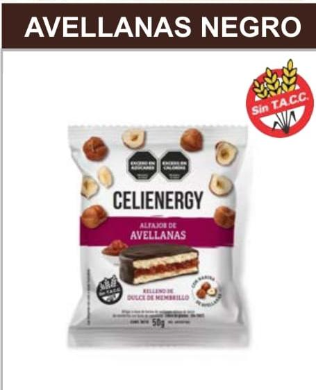 “Paquete de alfajor de avellana Celienegy, etiquetado “Sin TACC” (sin gluten).”