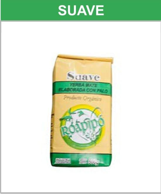 Bolsa de yerba mate "Roadipo", etiquetada "Suave", con empaque verde y amarillo, foto del producto.