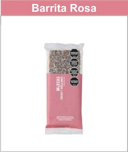 Barra de snack envasada en color rosa con la etiqueta "Mulecas Crema y Avellanas".