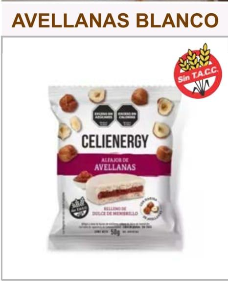 “Paquete de alfajor de avellana Celienegy, etiquetado “Sin TACC” (sin gluten).”