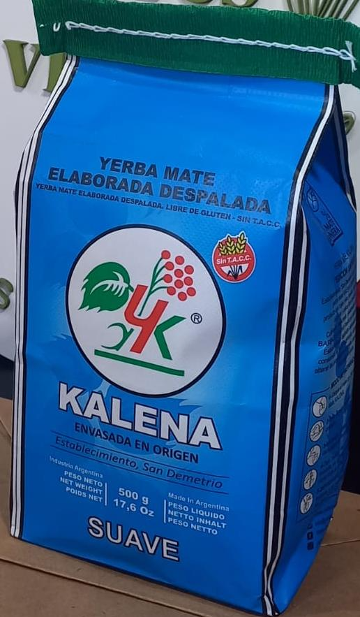 Bolsa azul de té yerba mate Kalena, con texto y logo en color blanco y sello verde.