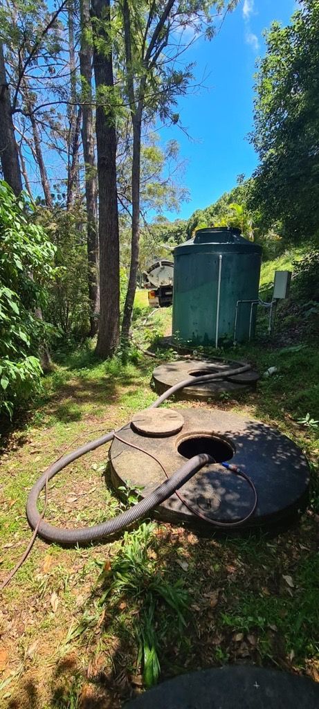 A path in a wooded area leads past open septic tank lids and a water tank. Blue sky peeks through trees.  — Raptor Waste Management in Coolangatta, QLD 