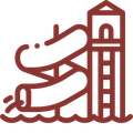 A line drawing of a water slide with a tower in the background.