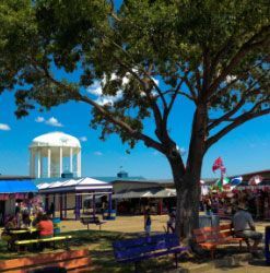 A group of people are sitting at picnic tables under a tree at a carnival.