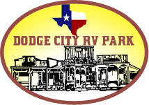 A logo for dodge city rv park with a texas flag