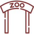 A red icon of a zoo entrance with a white background.