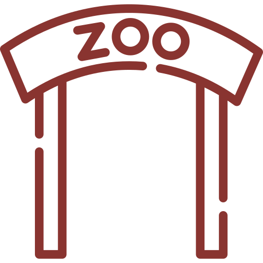 A red icon of a zoo entrance with a white background.
