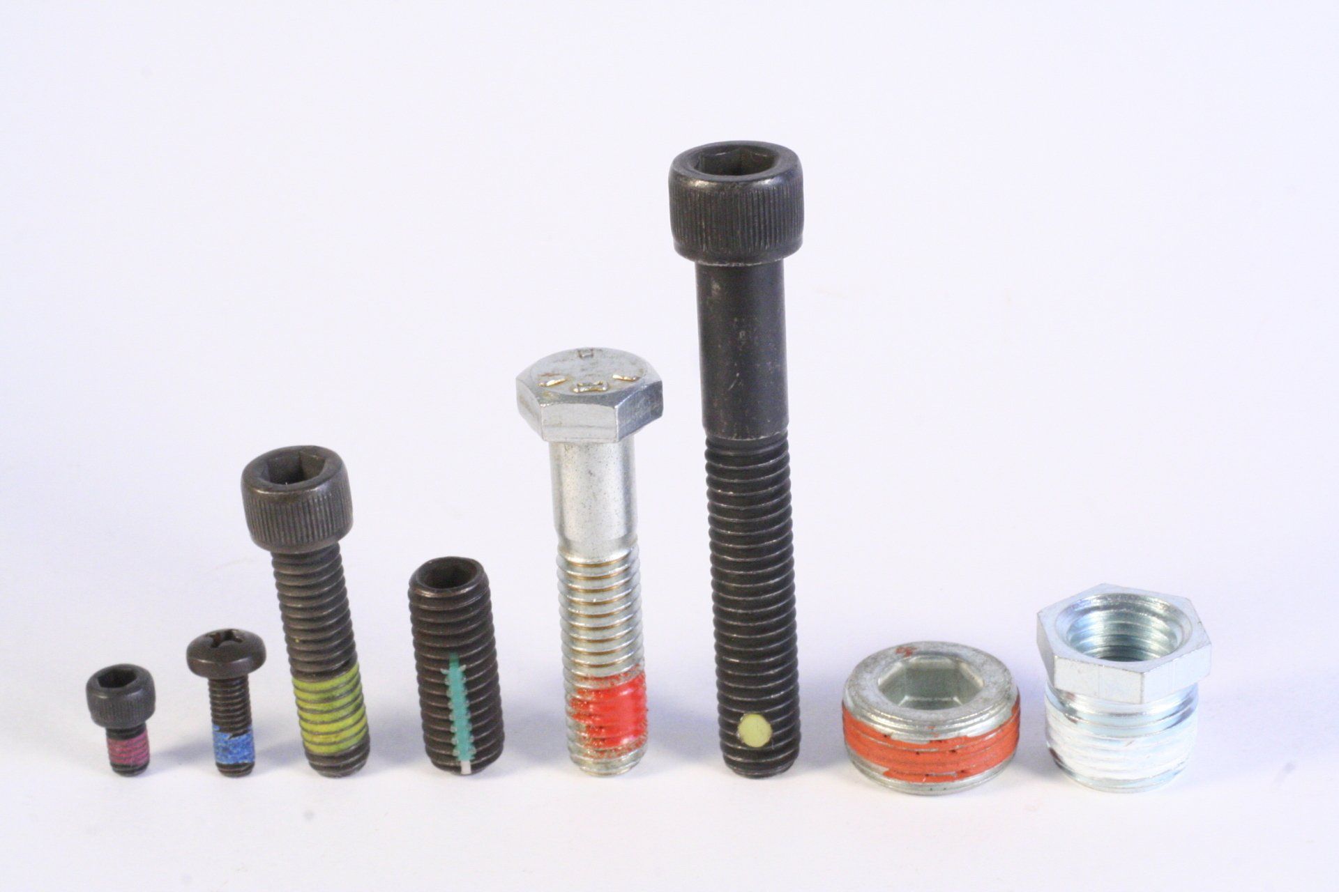 A variety of screws and nuts are lined up on a white surface.