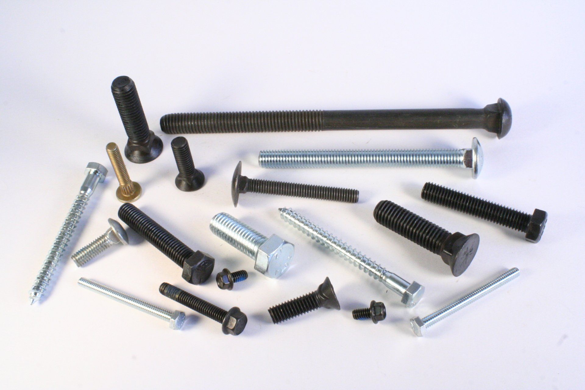 A bunch of different types of screws on a white surface