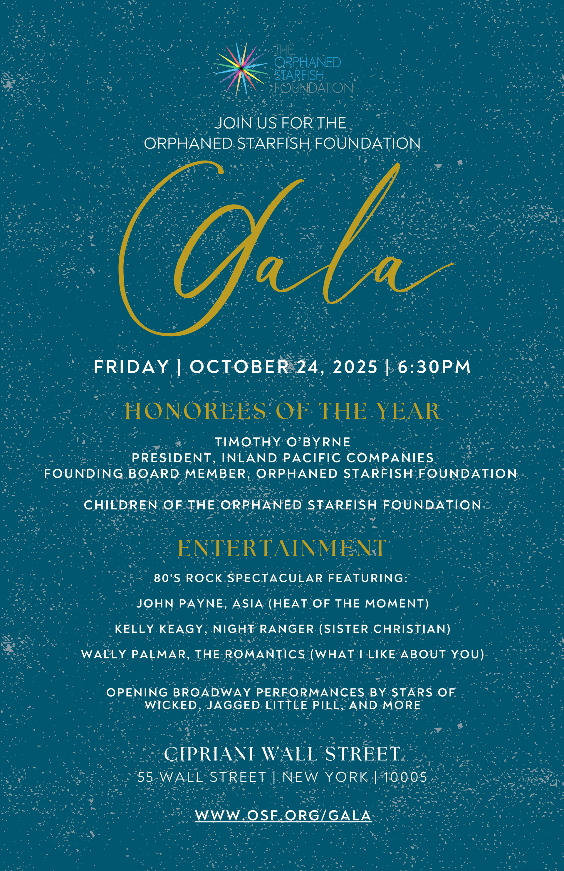 A fundraising gala invitation for the orphaned starfish foundation 2025 
annual  New York Gala at Cipriani. Andy Stein