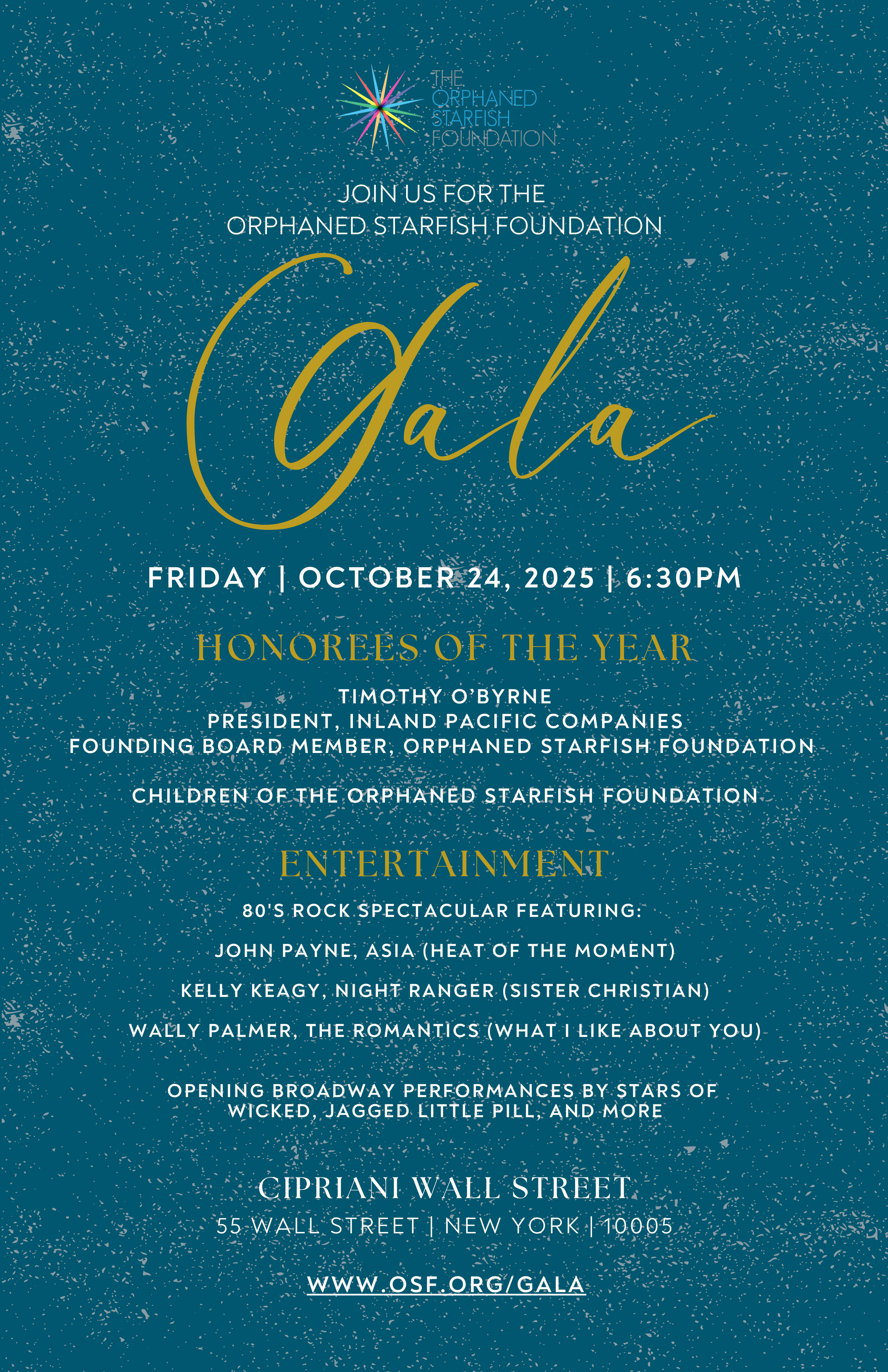 A fundraising gala invitation for the orphaned starfish foundation 2025 
annual  New York Gala at Cipriani. Andy Stein