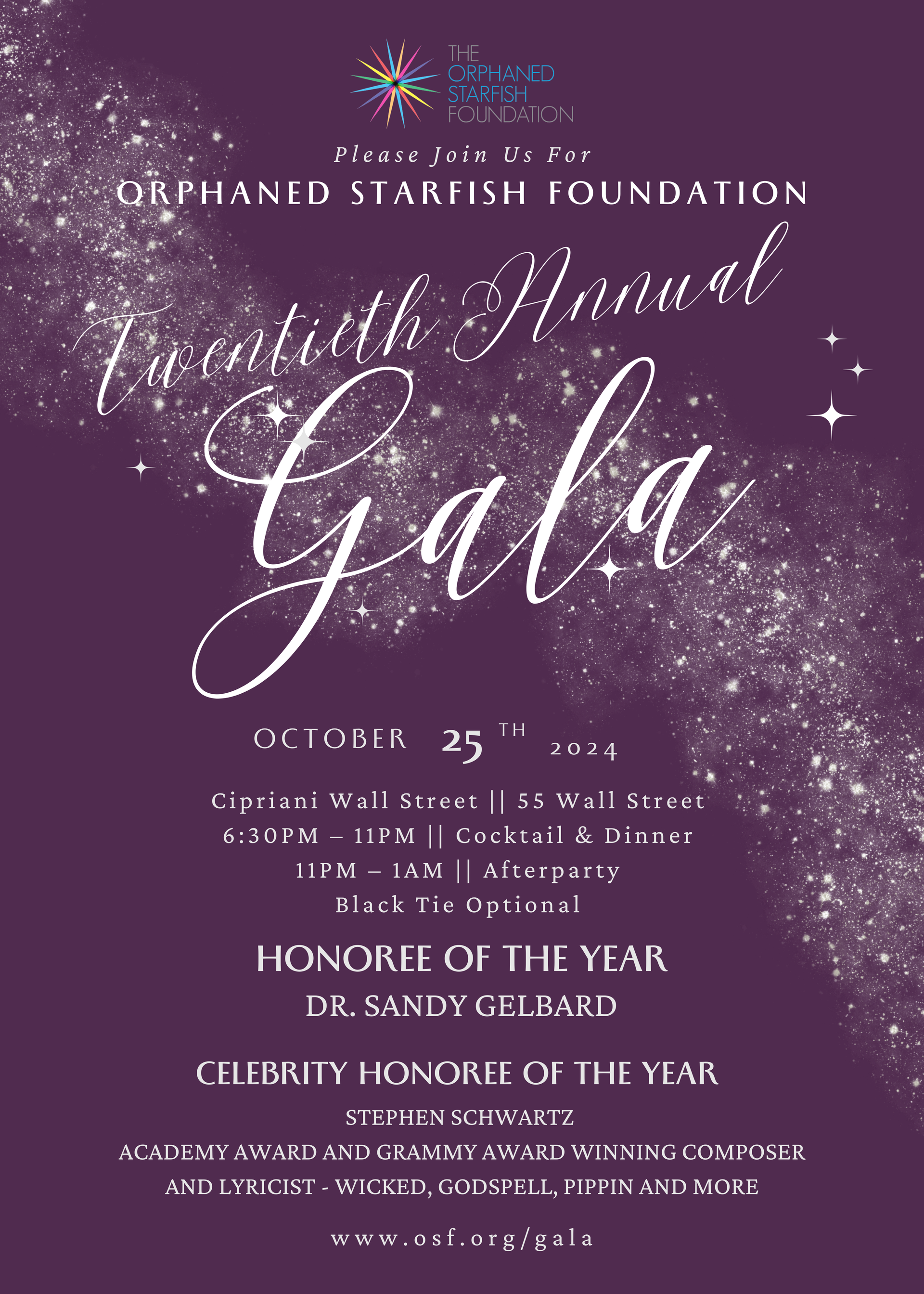 A purple gala invitation for the orphaned starfish foundation