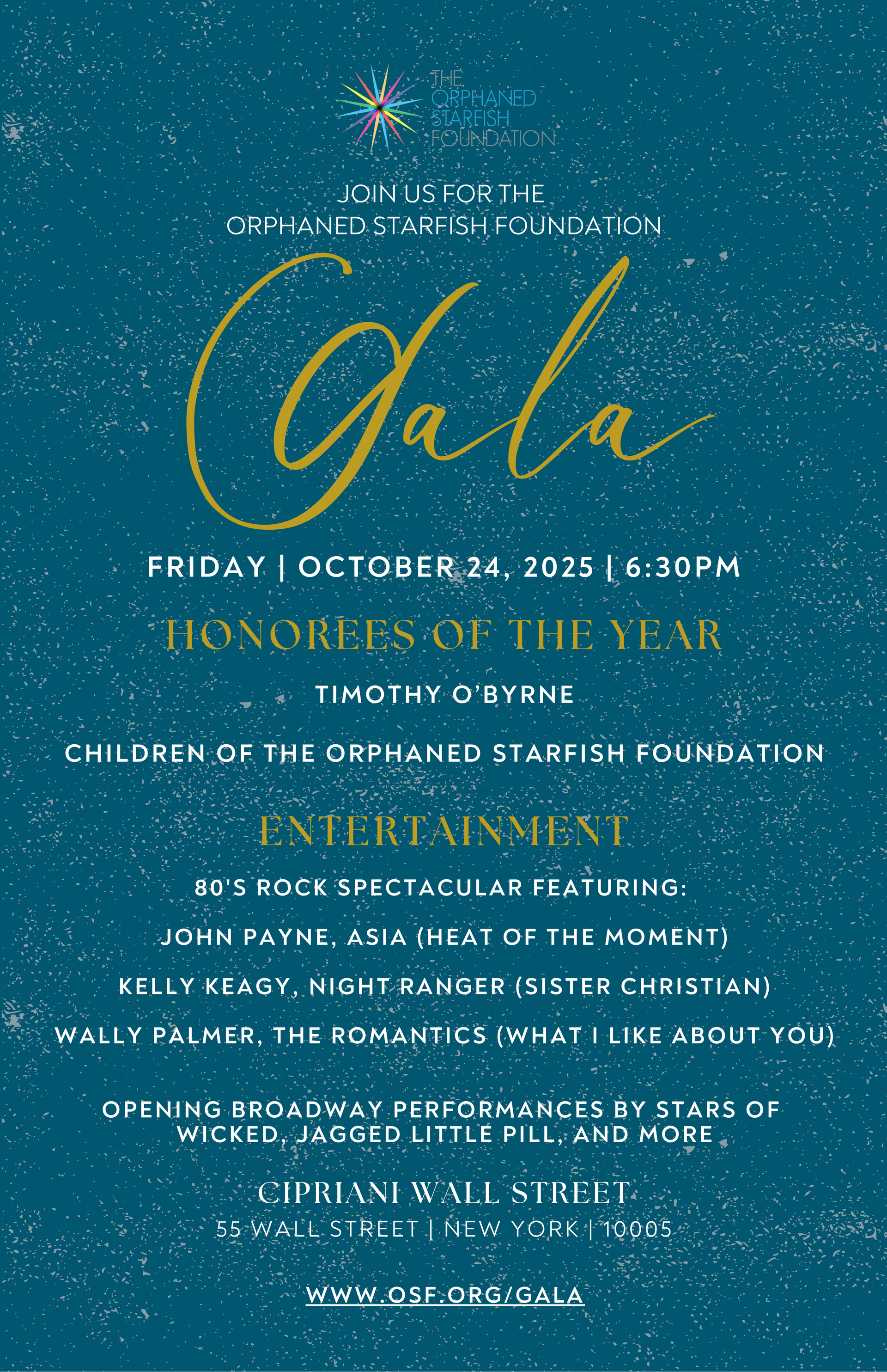A fundraising gala invitation for the orphaned starfish foundation 2025 
annual  New York Gala at Cipriani. Andy Stein