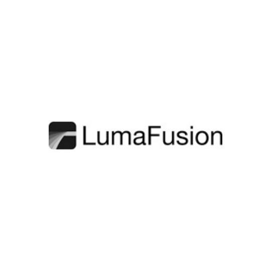A black and white logo for lumafusion on a white background.