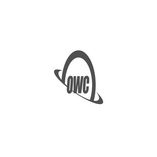 A black and white logo for owc on a white background
