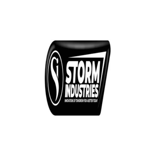 A black and white logo for storm industries