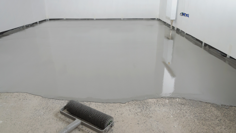 Freshly poured gray epoxy floor in a room, with a spiked roller in the foreground.
