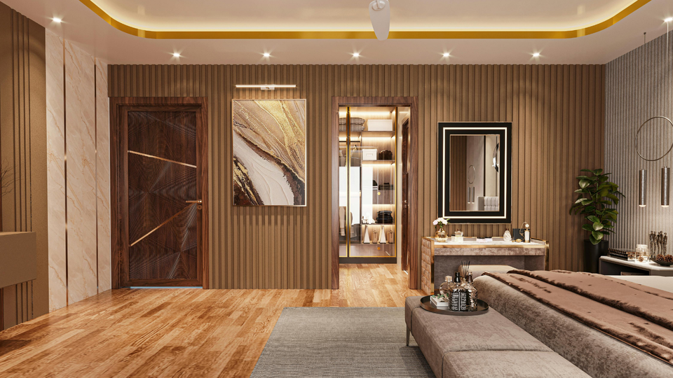 Luxurious bedroom with wood paneling, artwork, and an open walk-in closet.