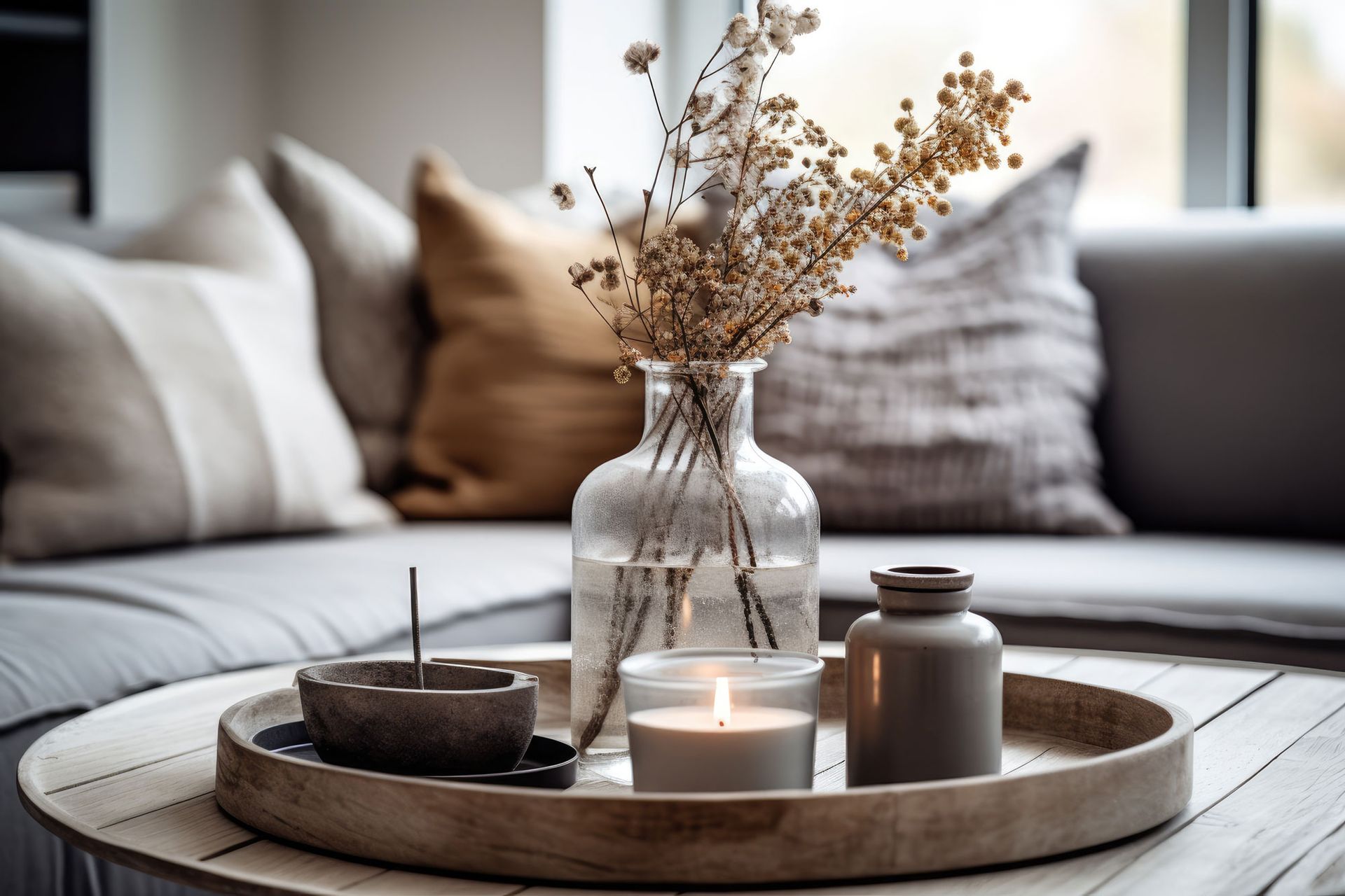 A wooden tray with a vase of flowers and candles on it in a living room.