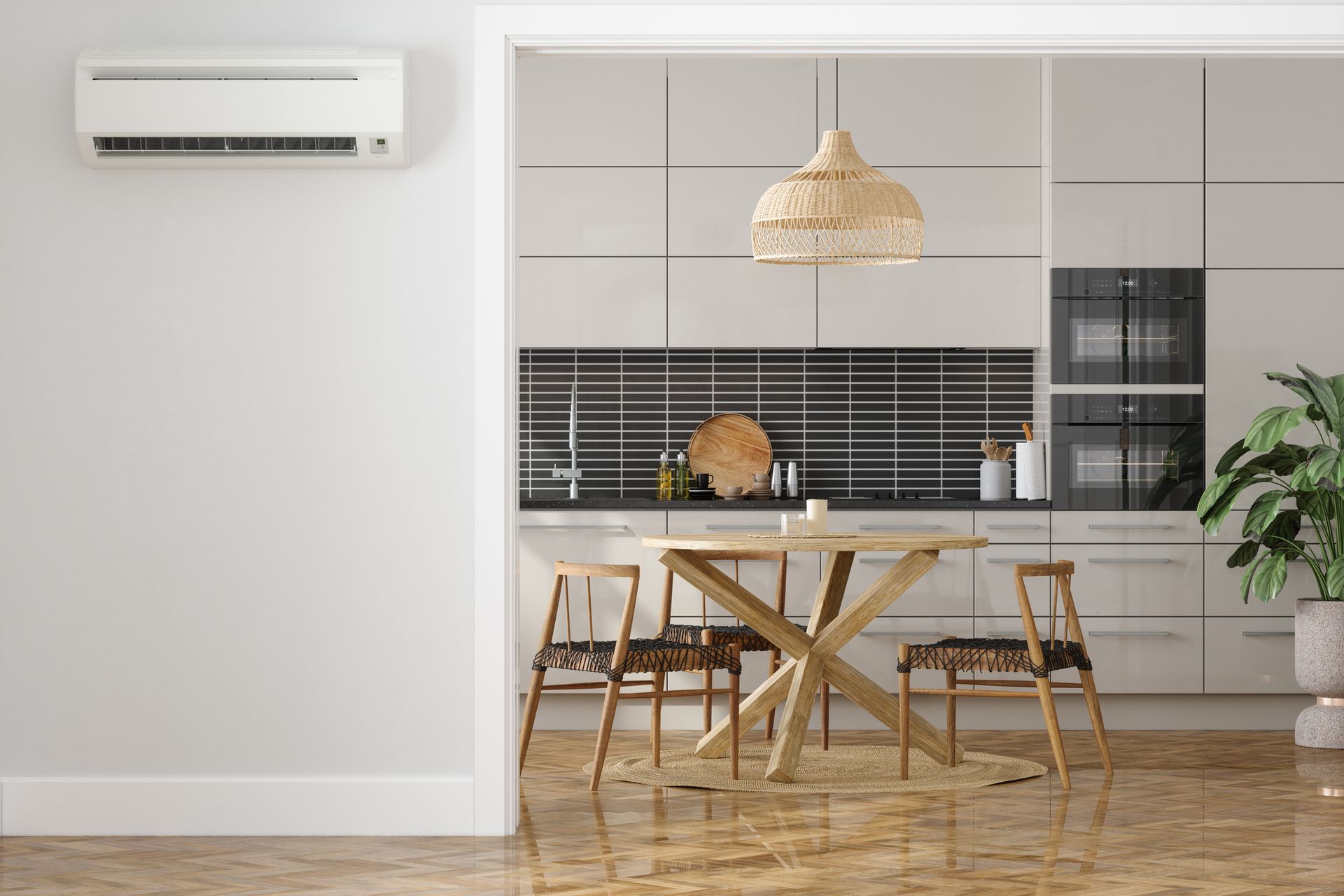 Air Conditioner On Empty Wall With Modern Kitchen Interior Background.