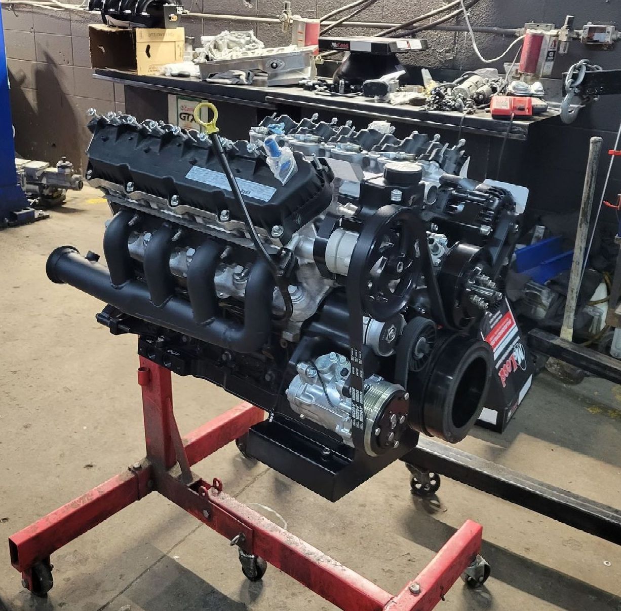 7.3L Godzilla Ford Engine prepped for a swap into 67 Mustang with indy power products Front oil pump Conversion kit 