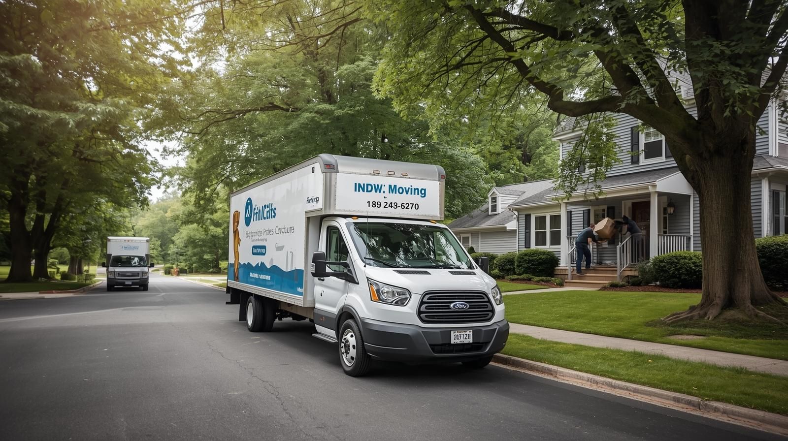 Moving trucks parked outside a suburban home while movers carry boxes inside.
